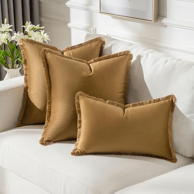 FUTEI Brown Velvet Decorative Throw Pillow Covers 26x26 Set of 2,Soft Cozy Edge with Tassels Euro Pillow Shams,Boho Modern Home Decor for Couch Bed Living Room