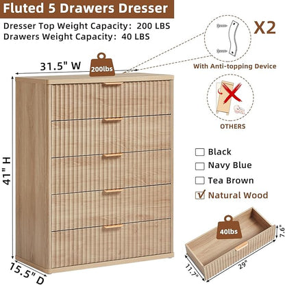 LEYAOYAO Fluted 5 Drawers Dresser for Bedroom, 41" Tall Modern Chest of Drawers with Metal Handle for Bedroom, Living Room, Hallway, Entryway