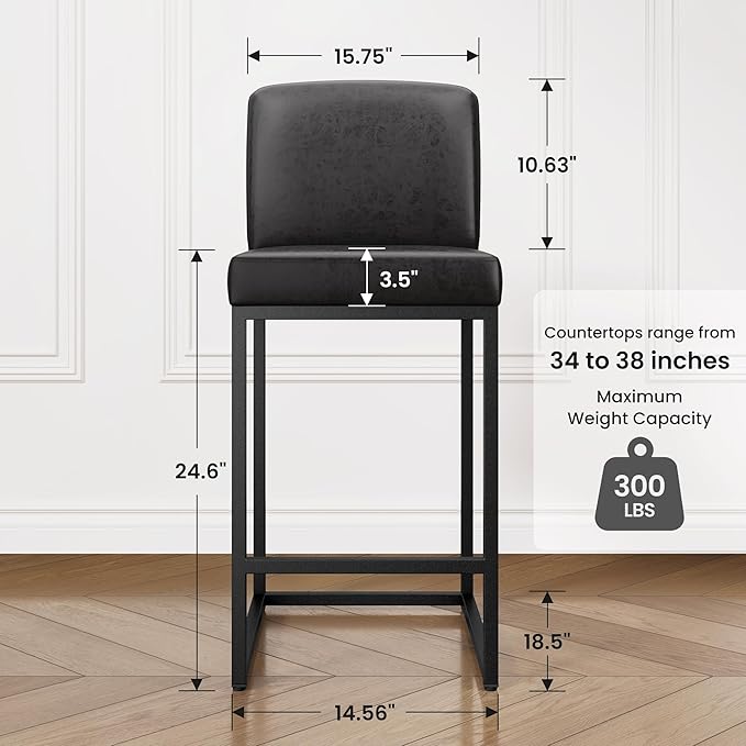 PHI VILLA Black Counter Height Bar Stool, Bar Stools Set of 6 Faux Leather Barstools with Back, 24 inch Kitchen Bar Chairs