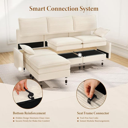 Vesgantti 108" V-Shaped Corner Couch Sectional, 7 Seat Customizable Modular Cloud Couches with Movable Ottoman, Corduroy Deep Seat Sofa Set with Chaise for Living Room, Bedroom and Apartment, Beige