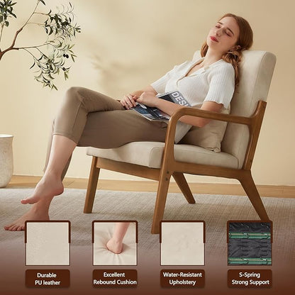 Accent Chair Mid Century Modern Armchair with Lumbar Support Pillow Wood Legs PU Leather Upholstered Lounge Chairs Comfy High Back Cushion for Living Room Bedroom