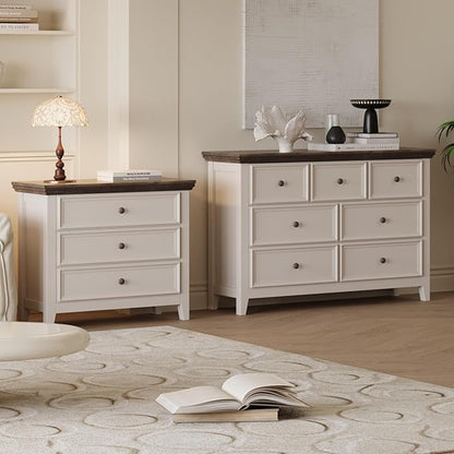 Farmhouse 3-Drawer Dresser for Bedroom - 31.5" Wide 3 Chest of Drawers Storage Cabinet as Nightstand or Bedside Dresser（Antique White & Brown）