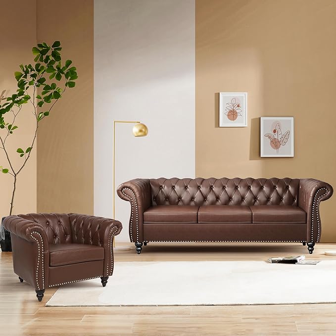 Accent Sofa Chair for Living Room, Modern PU Leather Upholstered Armchair, Oversized Comfy Single Sofa Chair with Cushion, Mid Century Tufted Chesterfield Sofa Couch for Bedroom, Apartment (Brown)