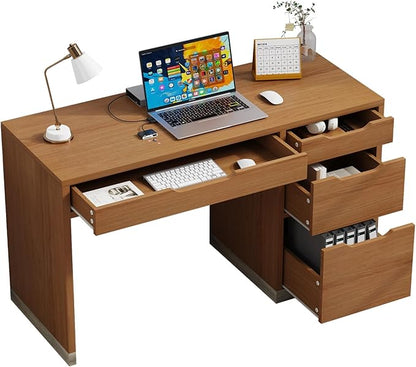 48 Inch Small Desk with 4 Drawers, Computer Desk with Storage File Cabinet for Bedroom, Home Office Desk with Storage for Small Space, Brown