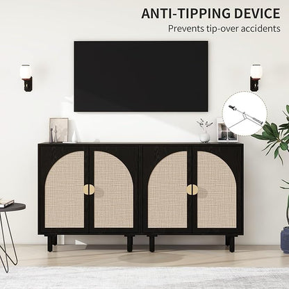 Black Sideboard Cabinet with 2 Rattan Doors, Rattan Buffet Cabinet with Adjustable Shelves & Pine Legs, Boho Sideboard Buffet for Living Room, Kitchen, Entryway (Black,2 PCS)