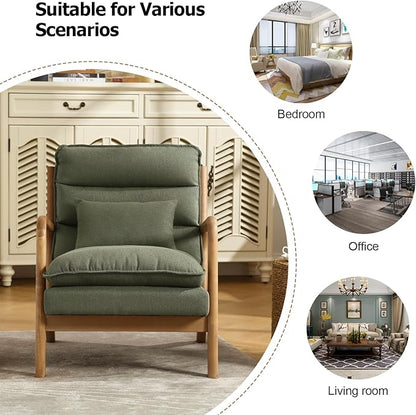 INZOY Mid Century Modern Accent Chair with Wood Frame, Upholstered Reading Armchair with Waist Cushion, Double Padded Accent Chair, Side Chair for Living Room Bedroom Office, Easy Assembly, Green