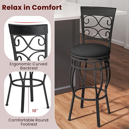 Giantex 30" Swivel Bar Stools Set of 4, Bar Height Bar Stools with Back, Upholstered PU Leather Seat, Footrest, Max Load 330Lbs, Vintage Metal Barstools for Kitchen Island, Dining Room, Pub, Black