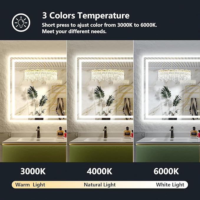 68x38 Inch LED Bathroom Mirror with Lights Front and Backlit Lighted Vanity Mirror for Bathroom Wall with 3 Colors Dimmable Anti-Fog Memory Shatter-Proof IP54 Waterproof Horizontal/Vertical