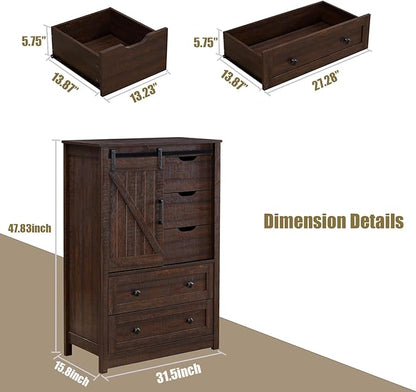 Farmhouse 5 Drawers Dresser for Bedroom, 48" Tall Dresser w/Sliding Barn Door, Rustic Dresser 5 Chest of Drawers, Storage Organizer Dresser for Bedroom, Hallway, Living Room, Dining Room, Espresso