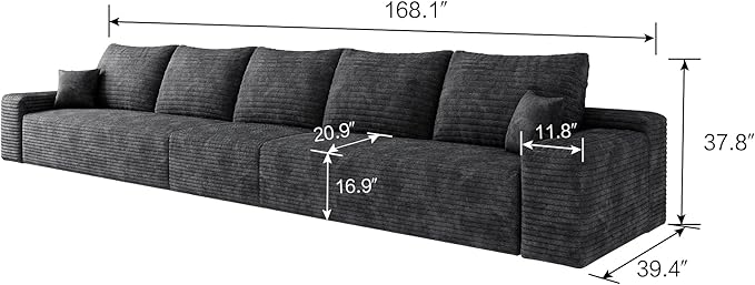 168.1" Oversized Cloud Modular Sofa, 5-Seater Couch for Large Living Room, Modern Upholstered Couches, Deep Seat Boneless Couch, No Assembly Required, Plush Corduroy (Black)