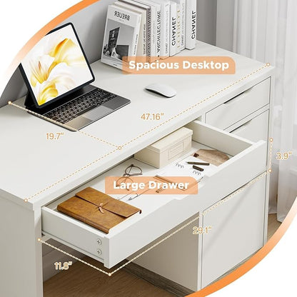 White Desk with Drawers, 48 Inch Small Computer Desk with 4 Storage Drawers for Small Space, Home Office Desk for Bedroom with Storage File Cabinet