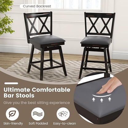 COSTWAY Bar Stool Set of 4 for Kitchen Island, 25" Counter Height Chair with Ergonomic Backrest, Foot Rest, Waterproof PVC Surface & Solid Wood Structure, 360°Swivel Farmhouse Barstool with Back