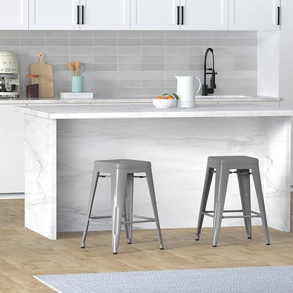 Vogue Furniture Direct 24" High Bar Stools Backless Silver Metal Barstools Indoor-Outdoor Counter Height Stools with Square Seat, Set of 4