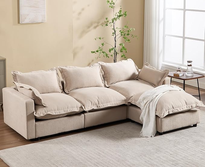 chairus 97" Modular Sectional Sofa with Moveable Ottoman Upholstered Deep Seat Linen Couch Set with Soft Pillows L-Shape Sofa Couch for Living Room, Apartment, Reception Room, 3-Seater/Oatmeal