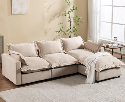 chairus 97" Modular Sectional Sofa with Moveable Ottoman Upholstered Deep Seat Linen Couch Set with Soft Pillows L-Shape Sofa Couch for Living Room, Apartment, Reception Room, 3-Seater/Oatmeal