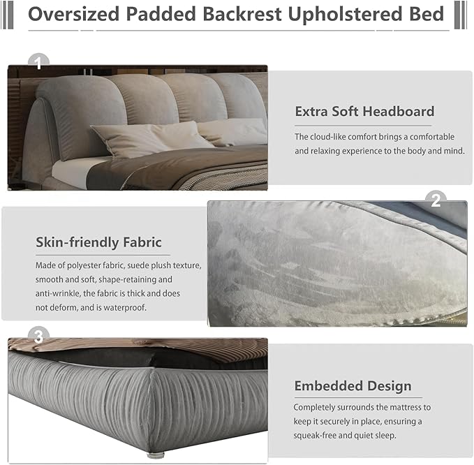 King Size Upholstered Platform Bed with Oversized Padded Backrest and Solid Wood Frame for Bedroom, Apartment Room, Gray