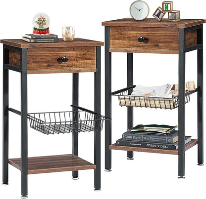 VECELO Tall End Side Tables 27 Inch Night Stand with U-Shape Basket and Storage Drawer/Shelf for Living Room/Bedroom/Small Spaces, Set of 2, Hemp Gray