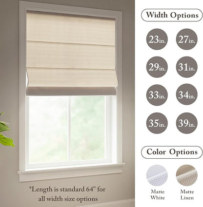 Madison Park Galen Matte Linen Cordless Roman Shades - Fabric Privacy Single Panel Darkening, Energy Efficient, Thermal Insulated Window Blind Treatment, for Home, Living Room Decor, 23" W x 64" H
