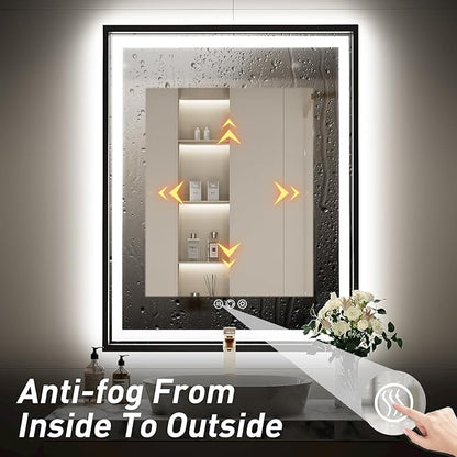 28X36 Inch Framed LED Lighted Bathroom Mirror,Backlit and Front Wall Mounted Black Metal Vanity Mirrors with Lights,Double LED Dimmable Illuminated & 3 Colors Temperature Anti-Fog Mirror