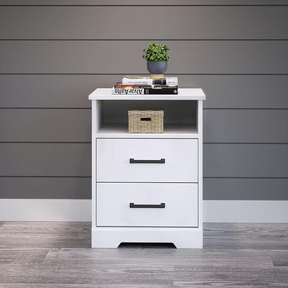 Prepac Rustic Ridge Farmhouse Nightstand Bedside Table, White Nightstand for Bedroom, End Table with 2 Drawers and Open Shelf 16.25"D x 18.75"W x 24.5"H