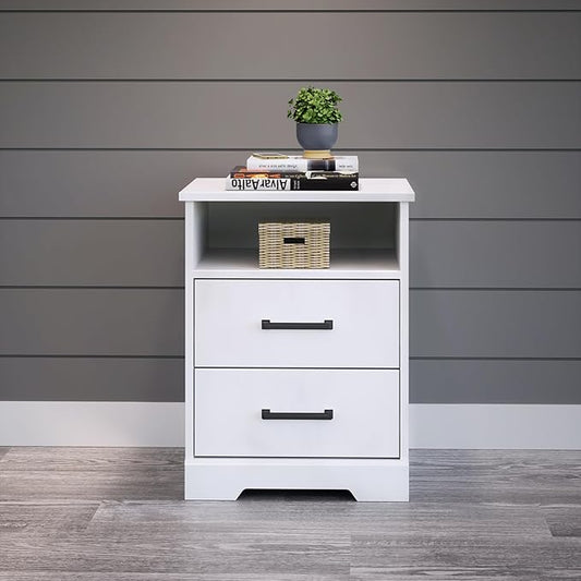 Prepac Rustic Ridge Farmhouse Nightstand Bedside Table, White Nightstand for Bedroom, End Table with 2 Drawers and Open Shelf 16.25"D x 18.75"W x 24.5"H