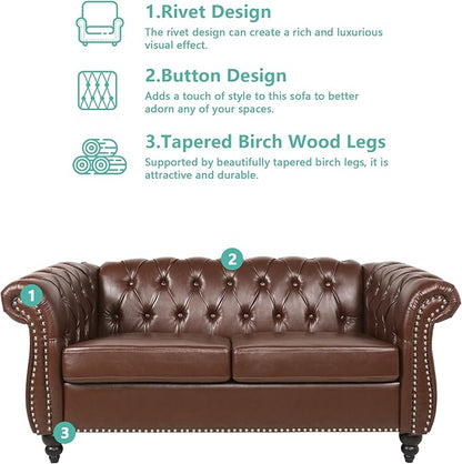 Loveseat Sofa Couch, Modern PU Leather Upholstered Sofa, Oversized Comfy 2 Seater Love Seat Couch with Cushions, Mid Century Tufted Chesterfield Sofa for Living Room, Bedroom, Apartment (Brown)