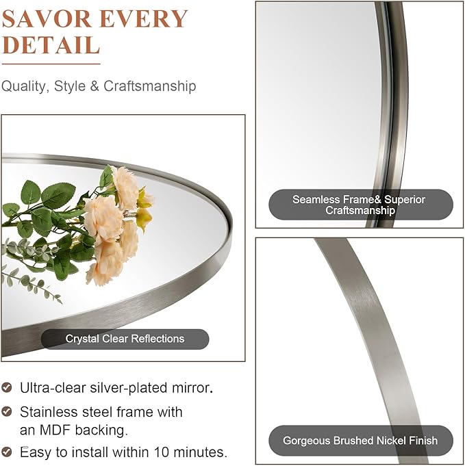 ANDY STAR Brushed Nickel Bathroom Mirror, 24 x 32 Inch Oval Pivot Mirror for Wall, Unique Farmhouse Tilt Mirror in Slim Silver Stainless Steel Metal Frame for Bedroom, Powder Room