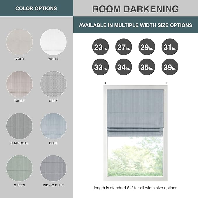Madison Park Galen Cordless Roman Shade, 39"W x 64"H, Sheen Blue – Room Darkening, Thermal Insulated, Energy Efficient Window Blind with Subtle Sheen Basketweave Fabric for Privacy