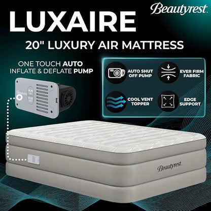 Beautyrest Luxaire, Full Size Luxury Air Mattress, 20 Inch Height with Cool Vent Top, Smart Auto Shut-Off Pump, Puncture Resistant Ever Firm Fabric with Edge Support