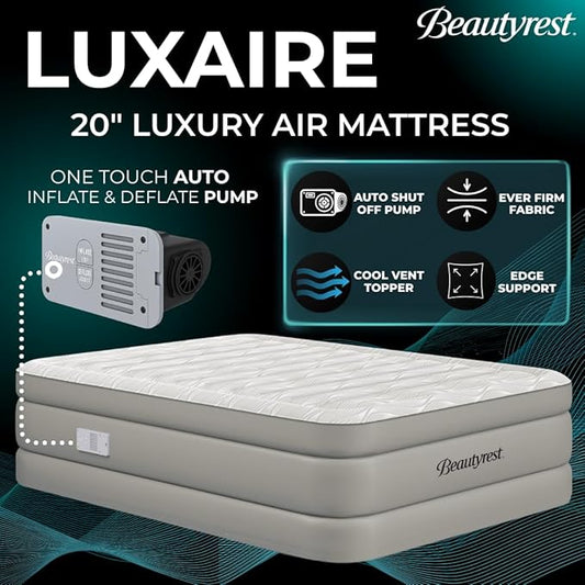 Beautyrest Luxaire, Full Size Luxury Air Mattress, 20 Inch Height with Cool Vent Top, Smart Auto Shut-Off Pump, Puncture Resistant Ever Firm Fabric with Edge Support