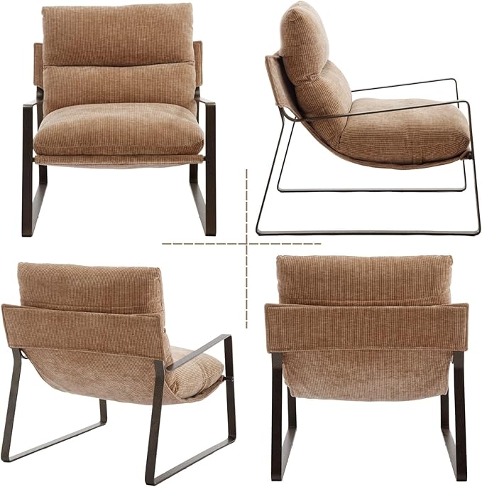 LukeAlon Modern Chenille Accent Armchairs Set of 2, Upholstered Lounge Chairs with Brass Metal Frame Thickened Cushion Single Sofa Chair Comfy Leisure Chair for Bedroom Living Room, Khaki