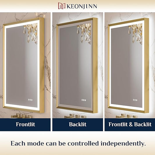 Keonjinn Gold LED Bathroom Mirror 20 x 28 Inch with Frontlit & Backlit, Lighted Mirrors Metal Framed for Wall, Stepless 3 Colors Lights, Anti Fog, Tempered Glass, Brighter and No Dark Corner