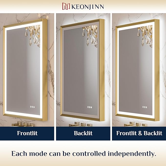 Keonjinn 72 x 36 Inch Bathroom Mirror with Frontlit & Backlit, Gold Metal Framed Beveled Edge Mirror, Large LED Mirror with Anti Fog for Wall, Stepless 3-Color Temperatures, UL-Listed Driver