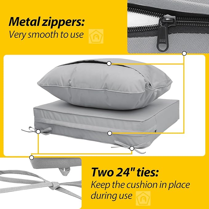 AAAAAcessories Outdoor Deep Seat Cushions, Waterproof, Fade-Resistant Patio Furniture Replacement Cushions, 23.5" x 25.5" x 5" + 23.5" x 19", Set of 4, Gray