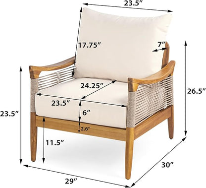 Christopher Knight Home Havets Patio Acacia Wood Club Chair with Woven Rope, Comfortable Outdoor Armchair, Water-Repellent Thick Cushion Deep Seating for Porch, Garden, Backyard, Balcony, Teak+Beige