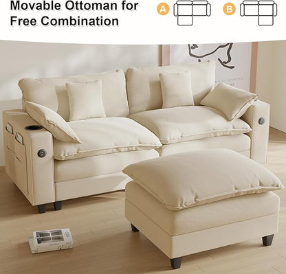 Cloud Couch, Modular Sectional Sofa with Ottoman, Charging Station, Throw Pillows, Cup Holders, Modern Convertible L Shaped Couches for Living Room, Bedroom (White, 80.7"- L Shape)