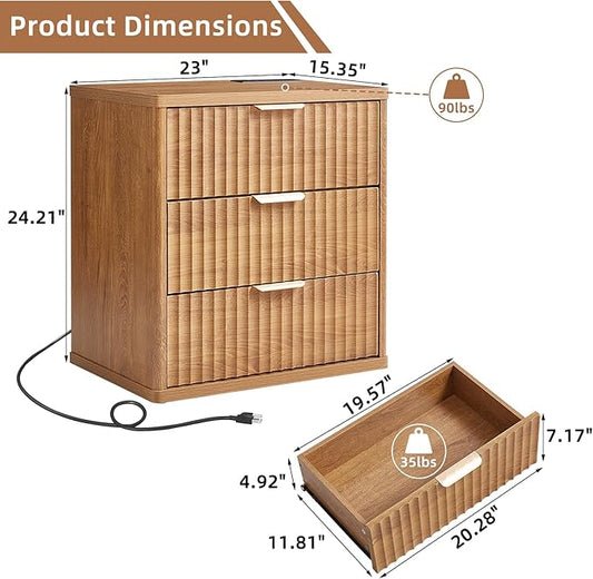 LEYAOYAO 23" Wide Fluted Night Stand with Charging Station, 3 Drawers Large End Table with Storage, Brown Nightstand Wood Bedside Tables, Farmhouse Cabinet Dresser for Bedroom, Living Room,Closet