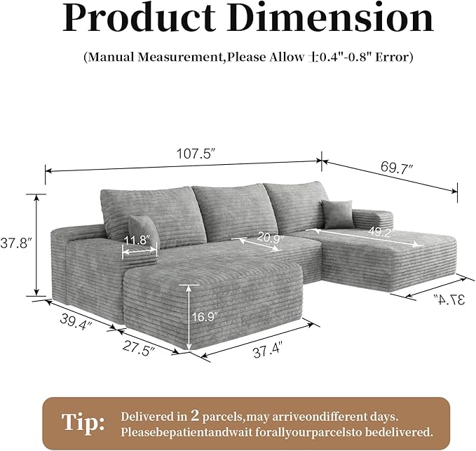 107.5" Cloud Modular Sectional with Ottoman, U-Shaped Sofa for Living Room, Modern Minimalist Couches, Deep Seat Comfy Couch & Reversible Chaise, No Assembly Required (Black, Right Facing Chaise)