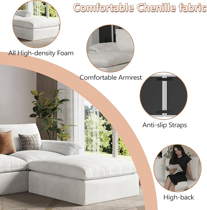 EASE MOOSE Oversized Cloud Couch Sectional Sofa, U-Shaped Modular Couch for Living Room, Minimalist Boneless Convertible Couches with Ottoman, 5-Seat Deep Sofas for Bedroom, Chenille (White)