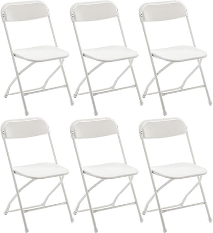BTEXPERT Set of 6, Indoor Outdoor White Plastic Folding Chairs Stacking Steel Frame Commercial 650LB Weight Capacity Seating Home Yard Garden Wedding Event Party Picnic Dining Church School Portable