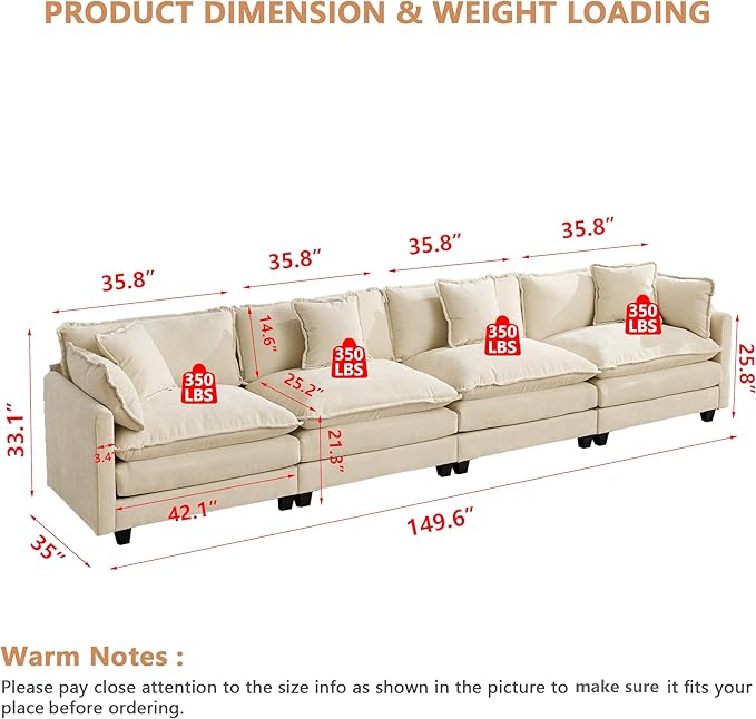 Aoowow Modular Sectional 4 Seater Cloud Sofa Couch for Living Room,149.6" Cloud Sofas with Deep Seat,Modern Chenille 4 Seat Sofas,Fluffy Cloud Couches for Bedroom,Office,Hotel (Beige, 4 Seater)