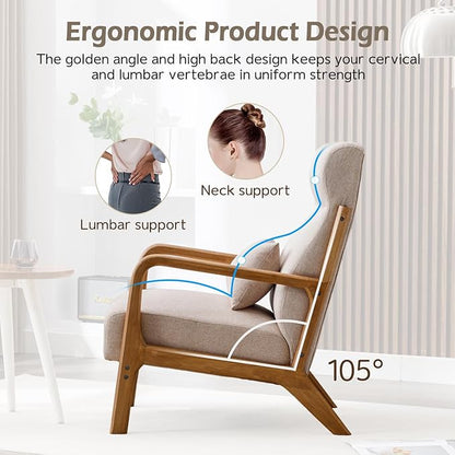 INZOY Mid Century Modern Accent Chair with High Back, Upholstered Living Room Chairs with Waist Cushion, Wood Frame Reading Armchair for Bedroom Sunroom, Beige