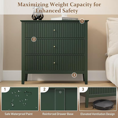 RoyalCraft Large 3 Drawer Dresser Set of 2, Fluted Chest of Drawers with Storage, Modern Painted 30 inch Tall Nightstand for Bedroom Living Room Entryway, Green