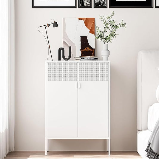 2 Mesh Door Metal Storage Cabinet with Adjustable Shelves, Multipurpose White Storage Cabinet, 3-Tier Office Cabinet,Metal Storage Cabinet for Office Home,Hallway (White, 47''H)