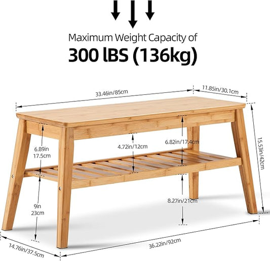 Nnewvante Bamboo Dining Bench, 33.46" Indoor Storage Bench, Small Wood Benches for Entryway, Living Room, Bedroom, Hallway, Outdoor Wooden Bench, Holds up to 300lbs