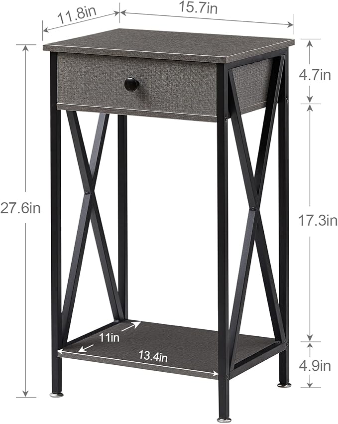 VECELO Tall Nightstand Set of 2,27.6 inch Wooden End Table with Metal X-Frame,Side Table with Drawer and Storage Shelf for Living Room Bedroom Entryway Small Spaces