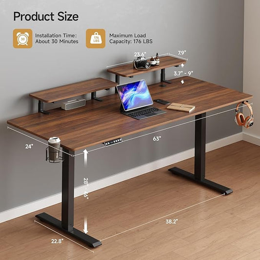 ONBRILL Standing Desk with 2 Adjustable Monitor Shelves, 63 x 24 Inches Electric Stand Up Desk with Memory Controller and Adjustable Height from 28-46 inches for Computer Workstations, Walnut