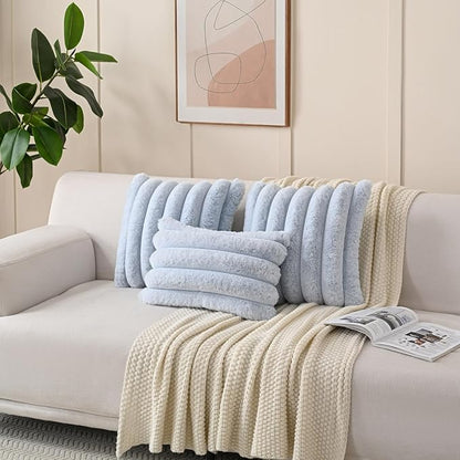 FUTEI Light Blue Decorative Throw Pillow Covers 24x24 Inch Set of 2, Square Soft Faux Rabbit Fur Thick Striped European Cushion Covers,Winter Home Decor for Couch Bed Living Room