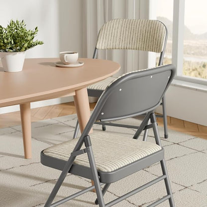 6 Pack Folding Chairs Fabric Dining Chair Set with Padded Cushion and Back, Indoor Outdoor Foldable Seat with Steel Frame for Home Office Events Wedding Party, Oatmeal Strip Seating