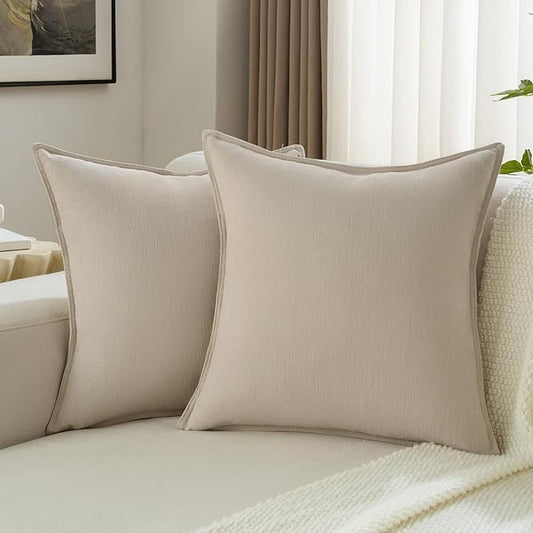 FUTEI Beige Chenille Throw Pillow Covers 24x24 Inch Set of 2,Edges Double-Stitched European Cushion Cases,Modern Home Decor for Couch Living Room